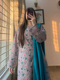 3 Piece - Khaddar Printed Greyish Floral Dress with Shalwar