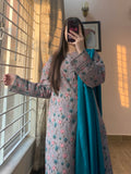 3 Piece - Khaddar Printed Greyish Floral Dress with Shalwar