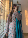 3 Piece - Khaddar Printed Greyish Floral Dress with Shalwar