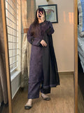 3 Piece - Khaddar Printed Purple Dress with Shalwar