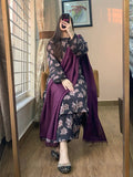 3 Piece - Khaddar Printed Black Dress with Shalwar