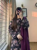 3 Piece - Khaddar Printed Black Dress with Shalwar