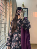 3 Piece - Khaddar Printed Black Dress with Shalwar