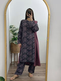 3 Piece - Khaddar Printed Black Dress with Shalwar