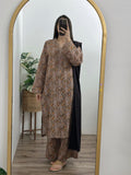 3 Piece - Khaddar Printed Beige Brown Dress