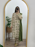 3 Piece - Khaddar Printed Beige Green Dress