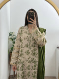 3 Piece - Khaddar Printed Beige Green Dress