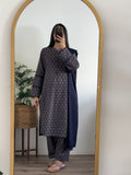 3 Piece - Khaddar Printed Navy Floral Dress with Shalwar