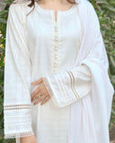 3 Piece - Dobby Khaddar Textured Ivory Dress