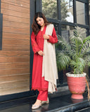 3 Piece - Slub Khaddar Maroon Dress