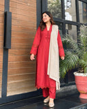 3 Piece - Slub Khaddar Maroon Dress