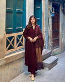 Velvet Maroon Dress with Shawl