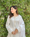 3 Piece - Dobby Khaddar Textured Ivory Dress