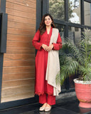 3 Piece - Slub Khaddar Maroon Dress