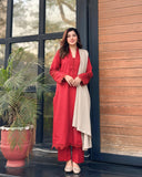 3 Piece - Slub Khaddar Maroon Dress