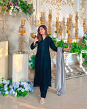 Velvet Dark Green Dress with Shawl