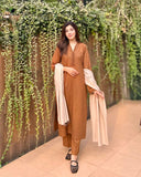 3 Piece - Slub Khaddar Bronze Brown Dress